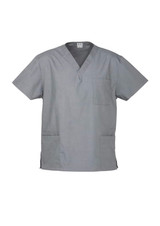 A grey unisex scrub top with a v-neck design and multiple pockets. It features a logo on the label. A grey unisex scrub top with a v-neck design and multiple pockets. It features a logo on the label.