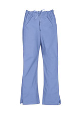 Light blue bootleg scrub pants featuring a drawstring waist and side pockets, with a logo on the garment.