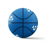 A blue promotional basketball with black lines and a logo. The surface has a textured design for grip.