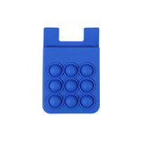 A blue silicone phone wallet featuring nine textured bubbles, with a slot at the top and a branding logo.