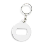 A drink bottle opener key ring in white, featuring a circular design and a silver metal key ring attachment.