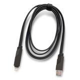 A black universal charging and data cable with a braided design and separate connectors on each end.
