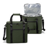 A soft-touch cooler bag in dark green featuring carry handles and a removable shoulder strap, with a silver insulated interior.