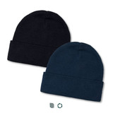 Two beanies in black and dark navy, made from recycled materials, displayed with a logo on each.