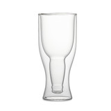 A drink bottle made of clear glass with a double wall design and a sturdy base. It features a logo.