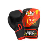 Adult training boxing gloves in black and red with graffiti-style artwork, including a face design and text elements.