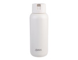 A drink bottle in a sleek white design, featuring a lid and a logo on the front.