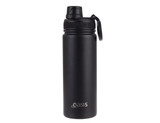 A drink bottle in matte black with a screw cap and a logo, designed for sports and outdoor use.