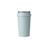 A drink bottle in a light blue colour with a double wall design, made from wheat straw. Features a logo.