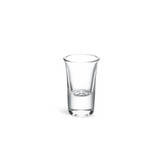 A clear glass shot glass with a tapered shape, designed for serving drinks, presented individually.