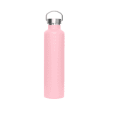 A drink bottle in a soft pink colour with a metal lid and a logo.