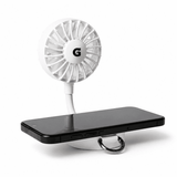 A white rechargeable fan with a flexible arm attached to a black phone stand. It includes a logo on the fan.