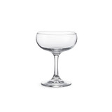 A clear glass martini coupe with a wide bowl and slender stem, featuring a smooth and elegant design.