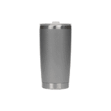 A stainless steel cup in a sleek grey finish, featuring a metallic rim and a logo on the side.