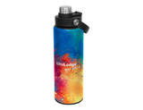 A drink bottle featuring a vibrant, multicoloured design with a screw cap and a black handle. It has a logo.