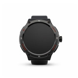 A black smartwatch with a round face, featuring a sleek design and various function buttons. It has a logo on the side.