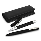 A sleek black pen set with a case, featuring a ballpoint pen, a rollerball pen, and a pen cap.