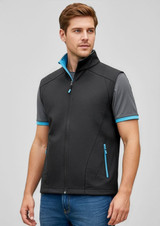 A men's vest in black and grey with blue accents, featuring a zip closure and side pockets. It has a logo.