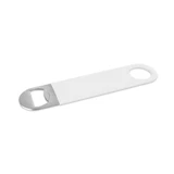 A drink bottle opener in white with a stainless steel end and a round handle. Features a logo.