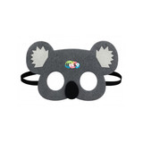 A koala-shaped felt mask in grey with white ears and a black nose, featuring a colourful logo.