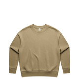 A beige crew jumper featuring long sleeves and a relaxed fit. The garment includes a small logo.