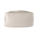 A cream-coloured toiletry bag with a zipper closure and a carrying handle, featuring a logo on the side.