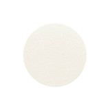 A round, white absorbent paper coaster with a textured surface and a simple design.