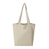 A beige tote bag with long handles and a plain design, featuring a logo on one side.