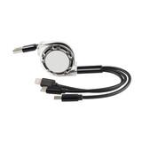 A retractable charging cable in black and silver with multiple connections: USB, Lightning, and USB-C.
