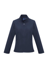 A dark navy soft shell jacket with a high collar and zipped front, featuring side pockets and a logo.