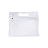 A transparent white PVC cosmetic bag with a zip closure and a handle. It features a small outer pocket.