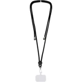 A black phone lanyard with a round fastener and a clear name tag holder at the bottom.