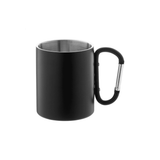 A drink bottle with a black exterior and stainless steel interior, featuring a metal carabiner handle.