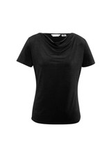 A black women's top with a draped neckline and short sleeves. Features a logo on the label. A black women's top with a draped neckline and short sleeves. Features a logo on the label.