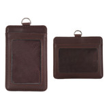A brown PU leather card holder with two compartments, one clear and one opaque, featuring a ring attachment.