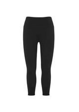 A pair of black women's 3/4 leggings with a smooth waistband and no visible logos.