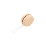 A wooden yoyo in a natural light colour with a string attached. It has a simple, smooth design.