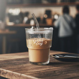 A glass ice coffee cup featuring a lid and straw, with a design on the front, sitting on a wooden table.