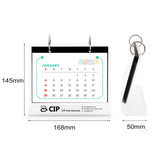 Acrylic desk calendar and photo album organiser displaying a colourful calendar layout with a branding logo, in clear acrylic.