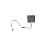 A silver desk hook with a square black top and a curved hook design. It features a round ball at the end.