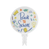 A foldable fan featuring a white background with colourful illustrations and the text "Back to School." It has a logo.