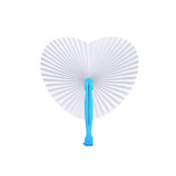 A heart-shaped white paper fan with a blue handle, featuring a pleated design and a simple logo.