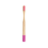 A small round handle bamboo toothbrush with a pink bristle head and pink bottom accent. It features a logo.