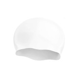 A seamless silicone swimming cap in white, featuring a smooth design and a logo.