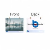 A desk calendar featuring a serene landscape on the front and a logo on the back, predominantly in white and blue.
