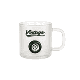A frosted glass mug featuring a tyre graphic and the word "Vintage." The mug has a clear handle and is cylindrical in shape.