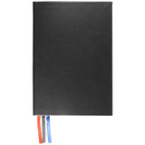 A black diary with three coloured ribbon bookmarks—red, blue, and grey—on the spine. It features a branding logo.