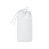 A white foldable drawstring pencil case with a rounded top and a logo on one side.