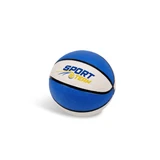 A blue and white mini basketball featuring a logo. The ball has a textured surface for grip.