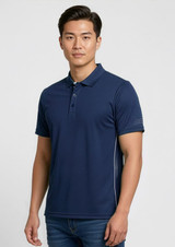 A navy short sleeve polo shirt with a logo, featuring a slim fit and detailed side panel design.